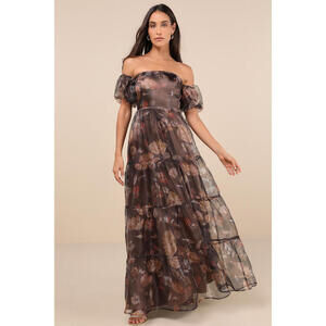 Lulus Exquisite Finesse Brown Floral Organza Maxi Dress With Pockets -Size L NWT